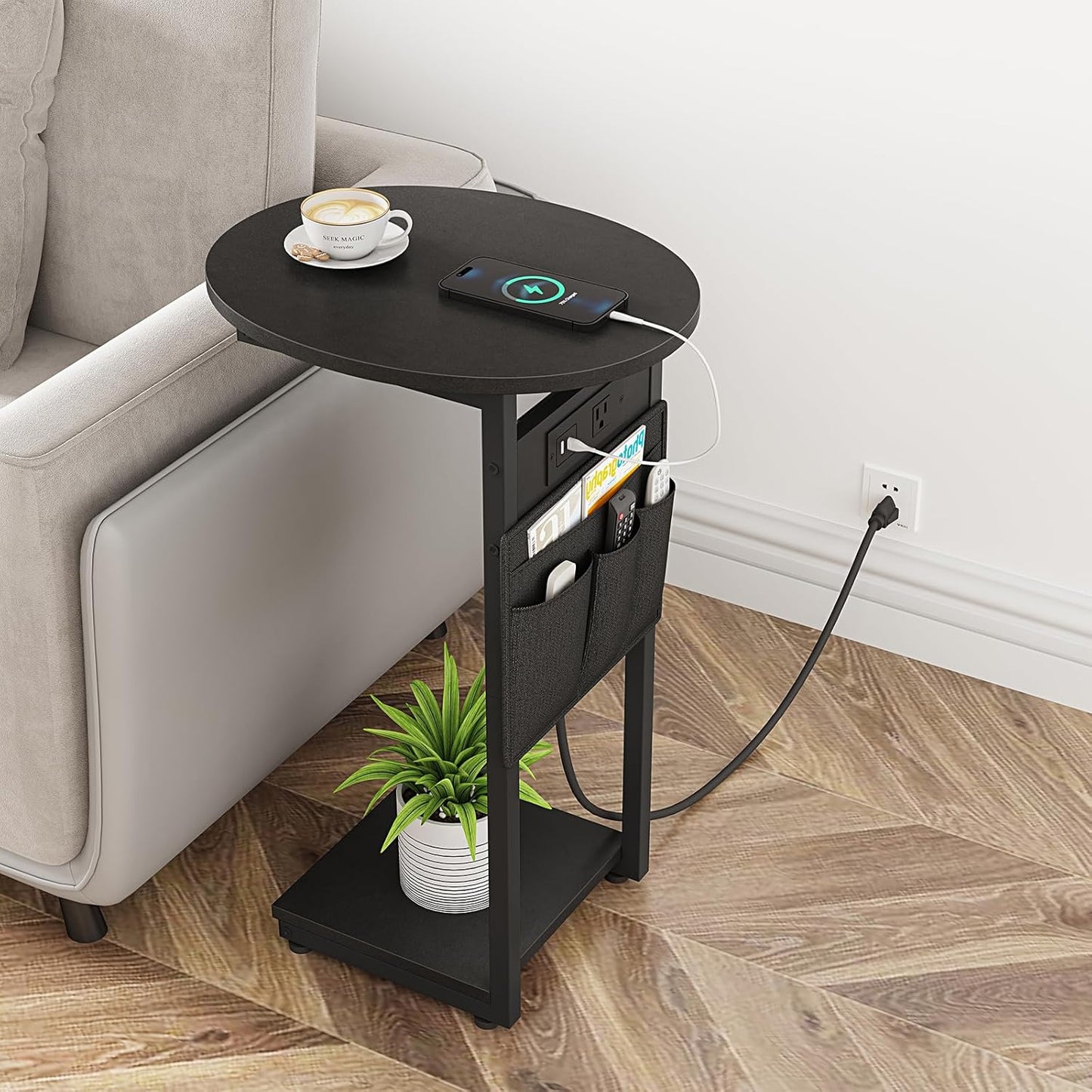 Vagusicc Black C-Shaped Charging End Table