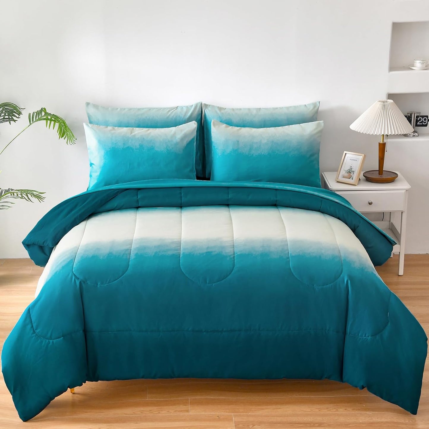 Gradient Teal Comforter Set Queen 7 Pieces Soft Bedding Set