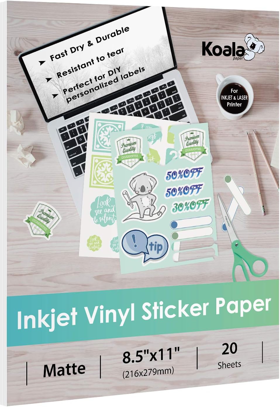 Waterproof Matte White Vinyl Sticker Paper - 20 Sheets 8.5x11 Inch