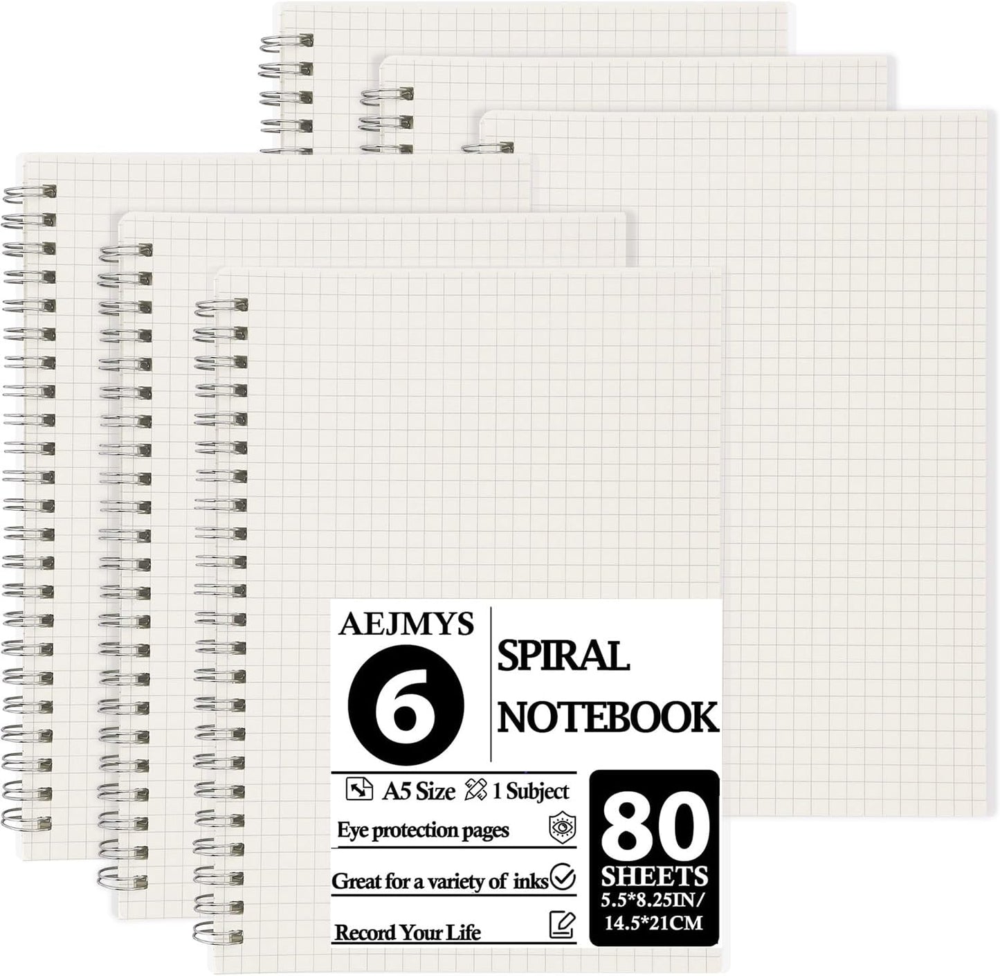 Aosmeol 6 Pack Grid Graph Notebooks - 100gsm, Transparent Hardcover, Grid Paper - A5 Size
