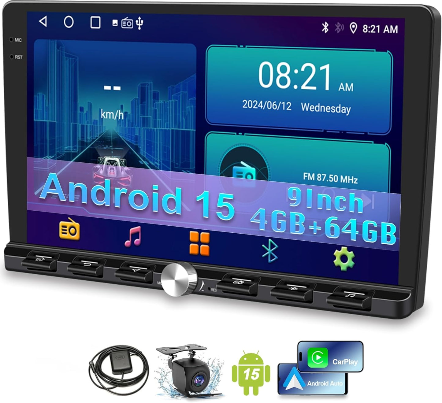 9 Inch Double Din Car Stereo with Android 15 and CarPlay Features