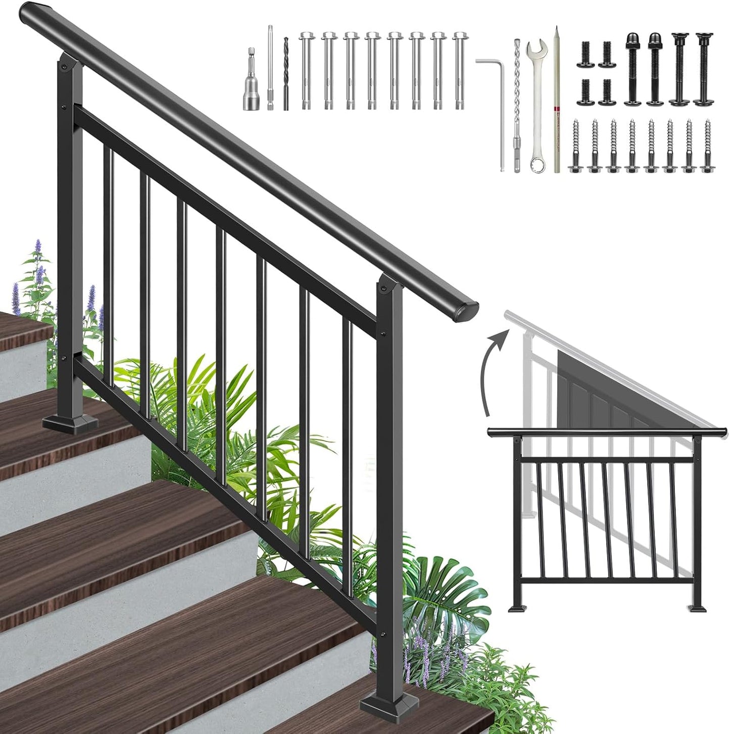 Adjustable Handrails for Outdoor Steps - Durable Black Metal Railing