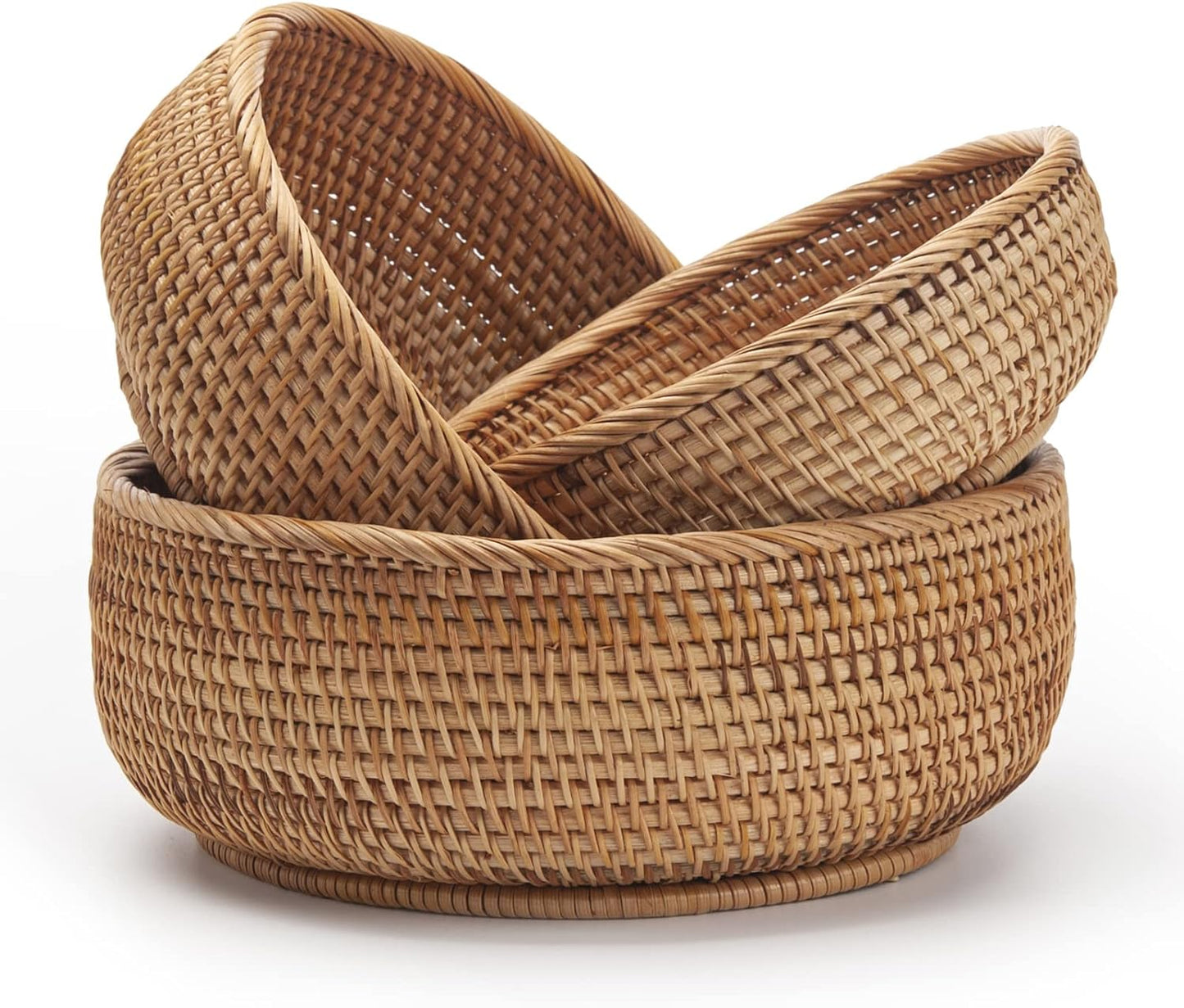 Round Rattan Fruit Baskets Set of 3 for Kitchen and Storage