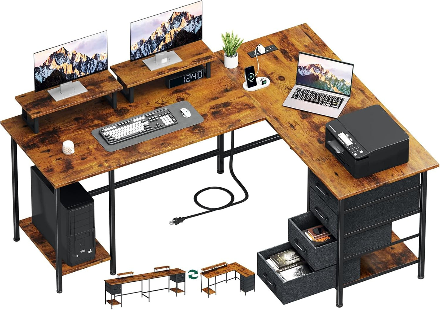 59 inch L Shaped Computer Desk with Power Outlets for Home Office