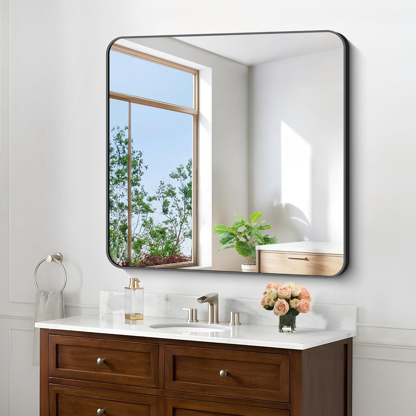 Black Bathroom Mirrors for Wall with Rounded Corner Design