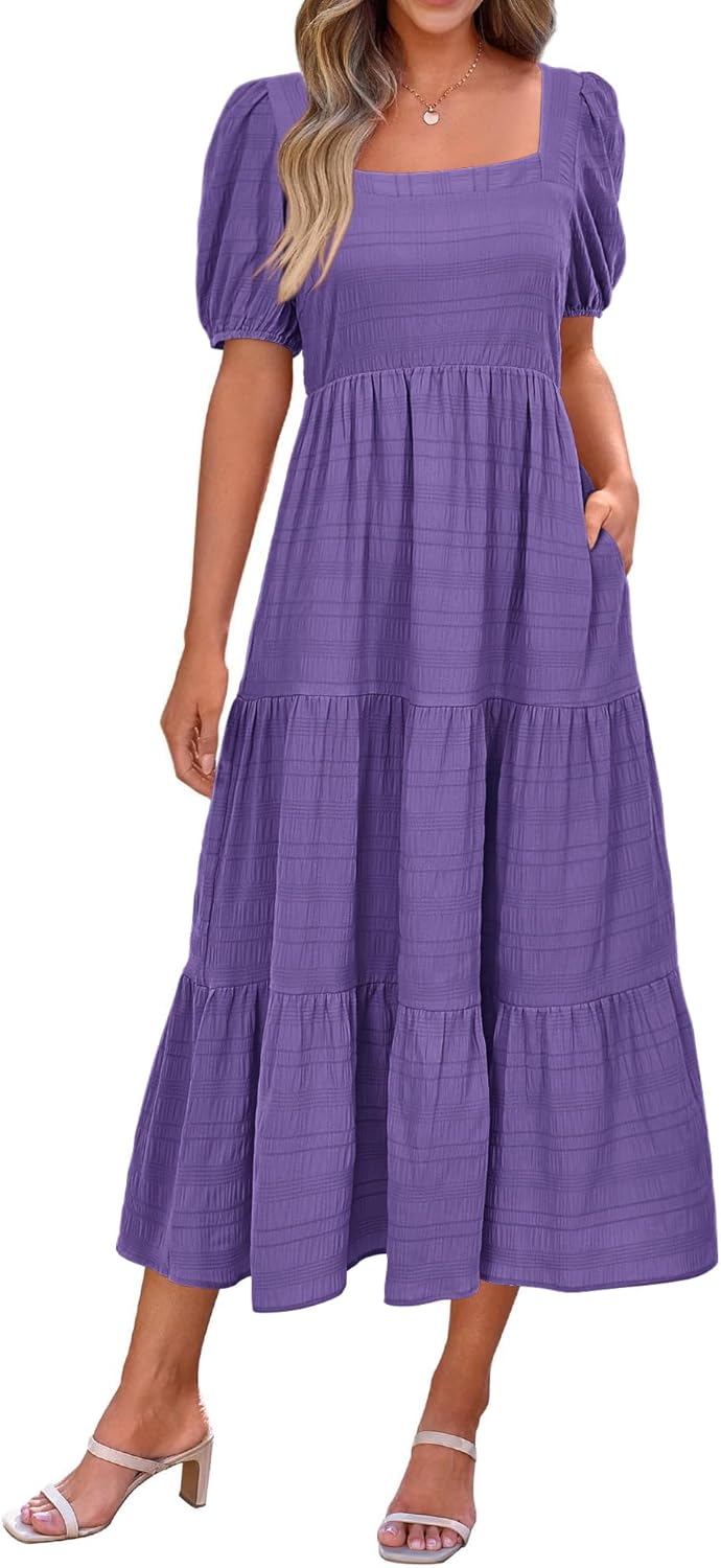 PRETTYGARDEN Women's Summer Dresses 2025 Puff Sleeve Midi Dress