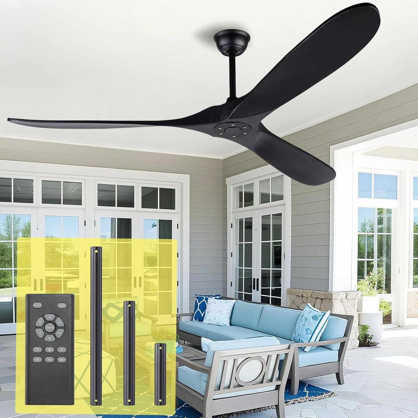 72 Inch Black Ceiling Fan with Natural Wood Blades for Outdoors
