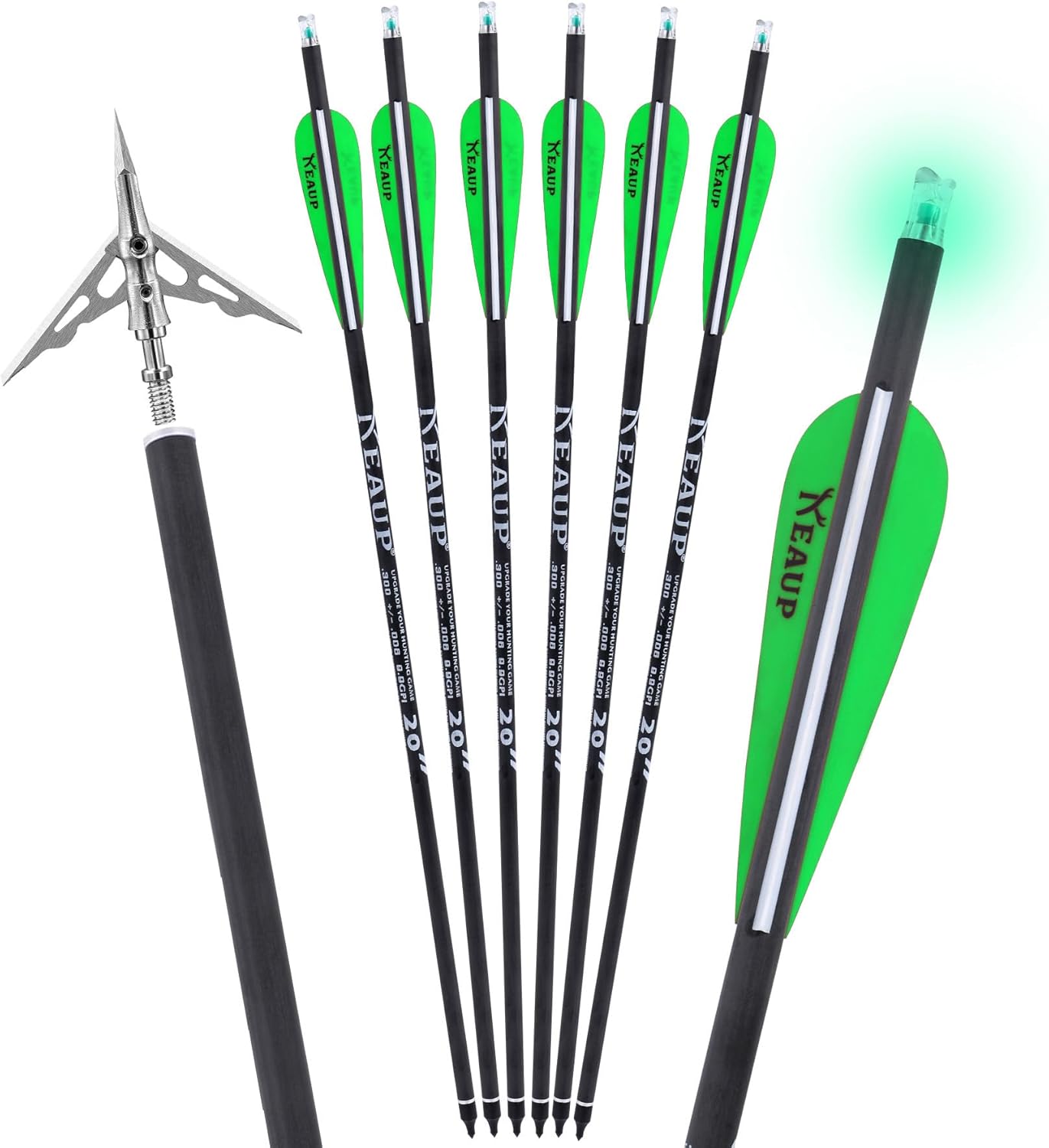 20 Inch Carbon Crossbow Bolts with Broadheads and Lighted Nocks