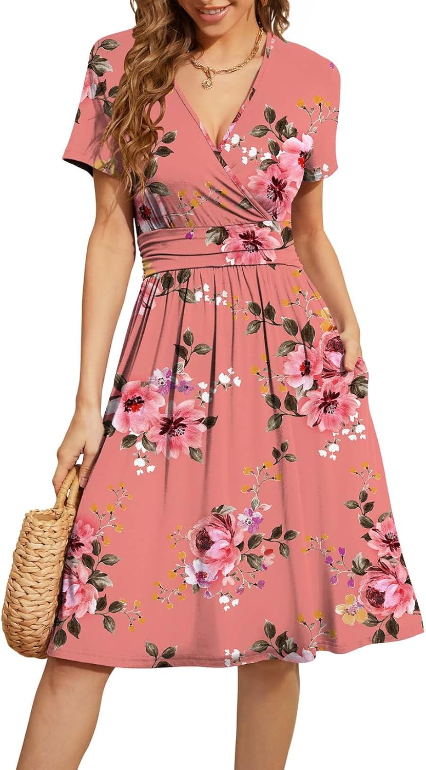 WEACZZY Women's Summer Short Sleeve Casual Floral Dress with Pockets