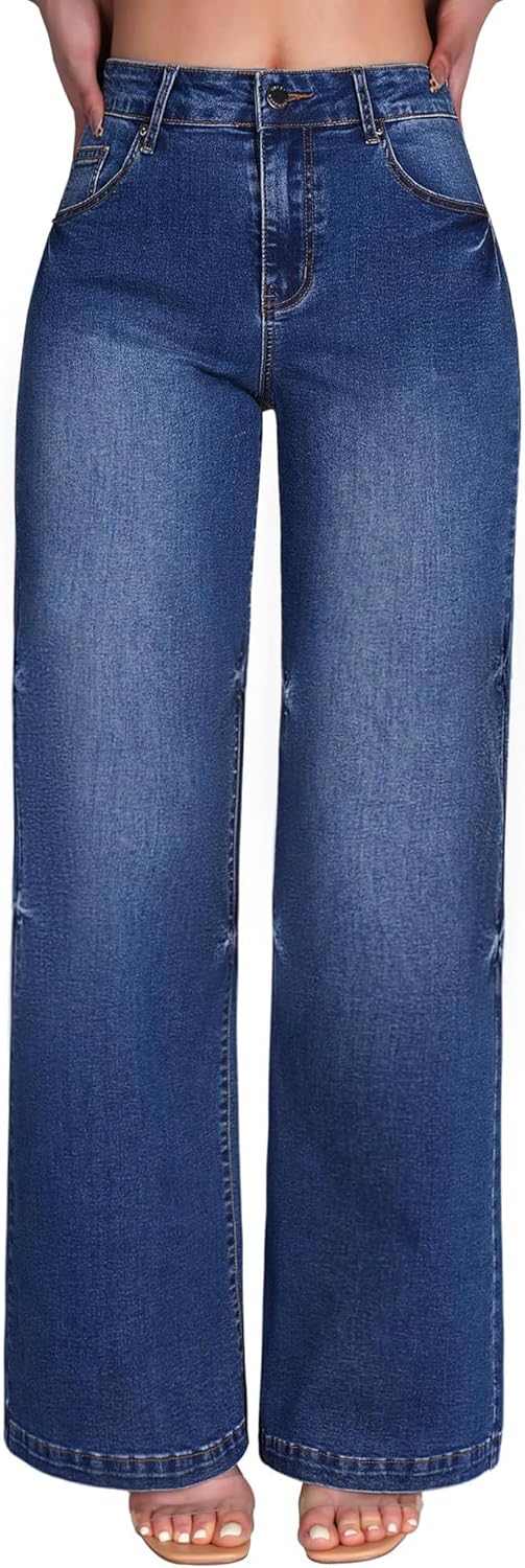 Roswear Women's Wide Leg Jeans High Waisted Stretchy Denim Pants