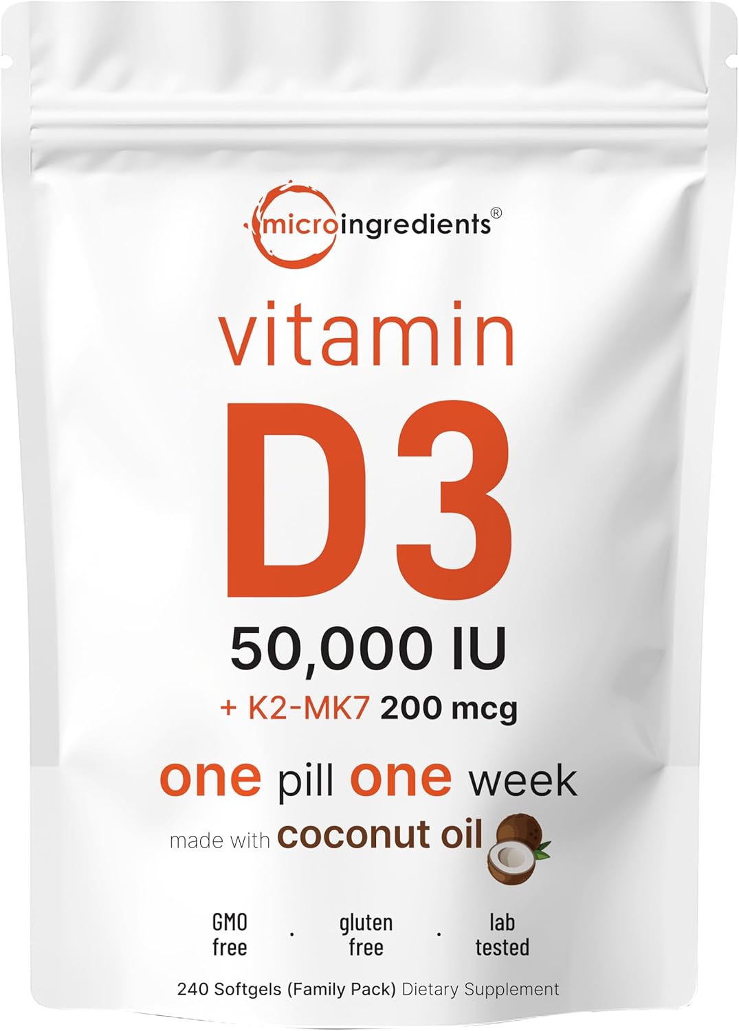 Micro Ingredients Vitamin D3 50,000 IU + K2 MK-7 for Health