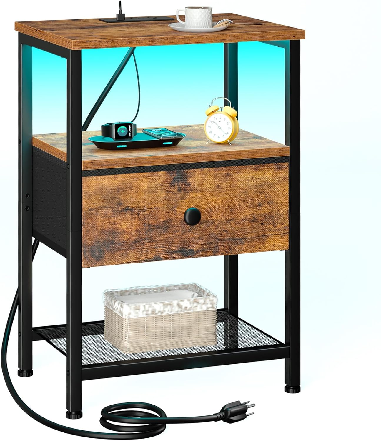 LED Nightstand with Charging Station and Fabric Drawer Storage