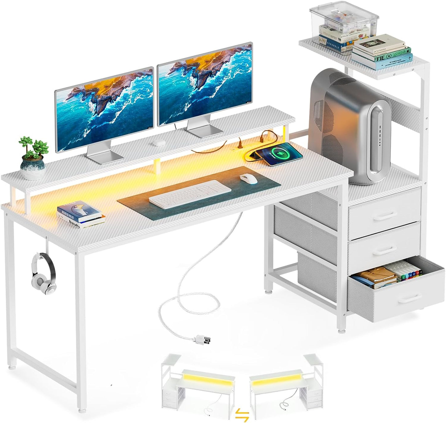 AODK 59 Inch Gaming Desk with USB Ports & LED Light Features