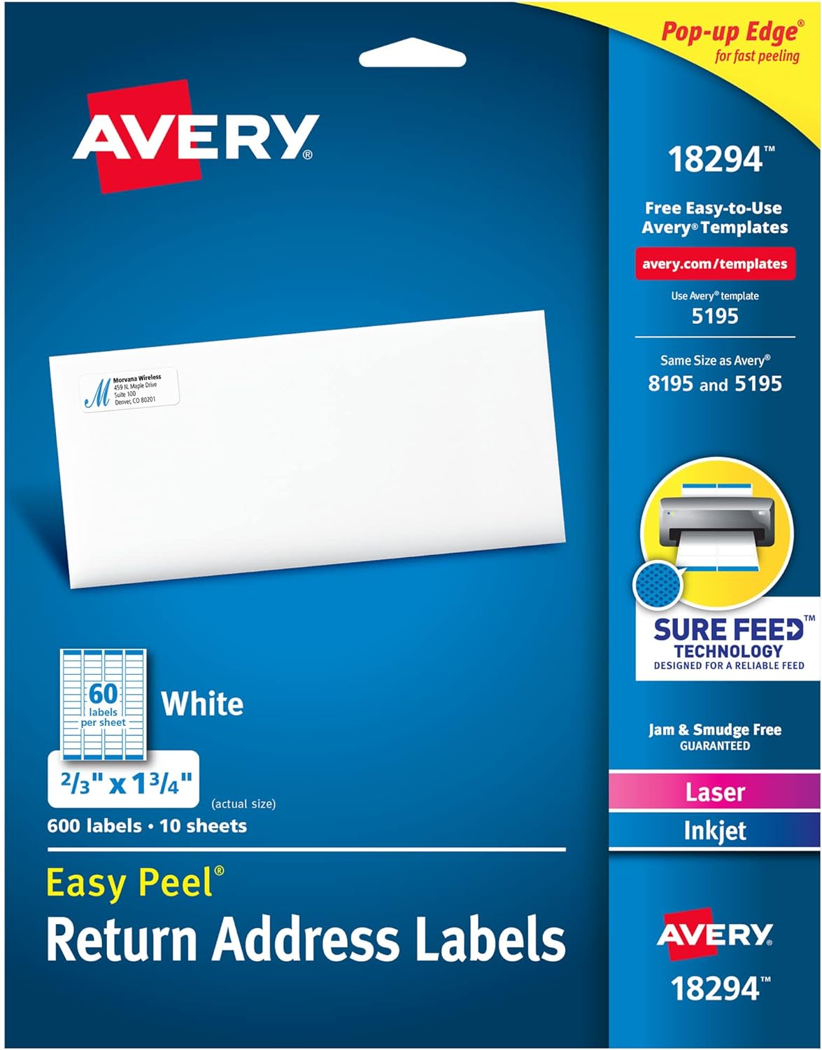 Avery Printable Return Address Labels 600 Pack, Sure Feed Technology, White