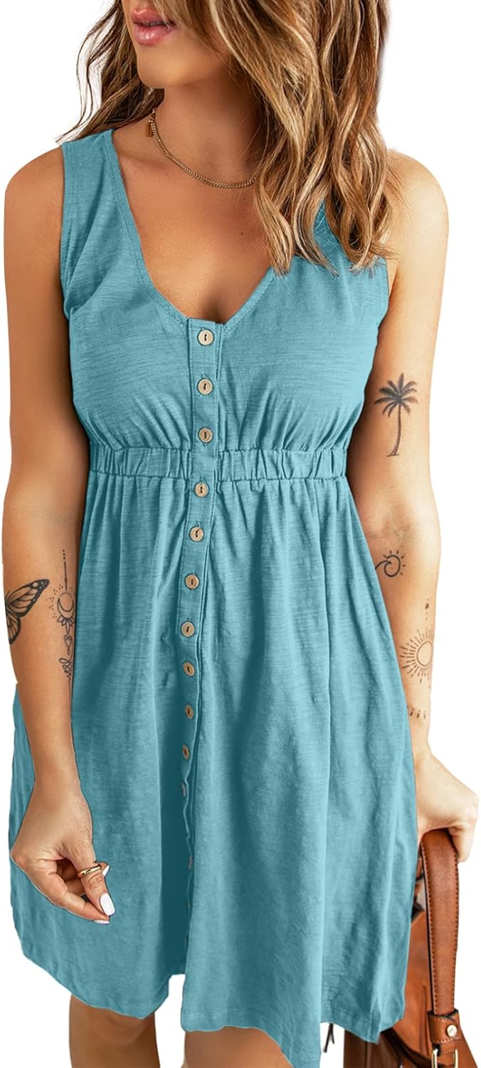 Acelitt Women Summer Casual Sleeveless Button Down Dresses