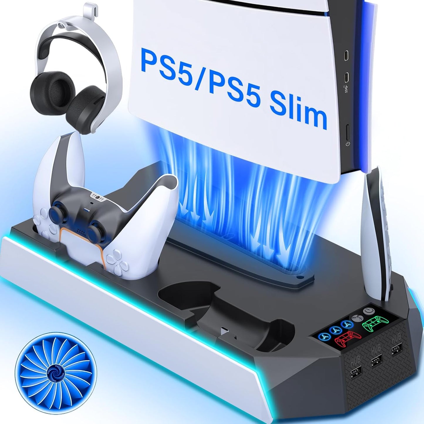 PS5 Slim Cooling Station with Controller Charger and LED Light