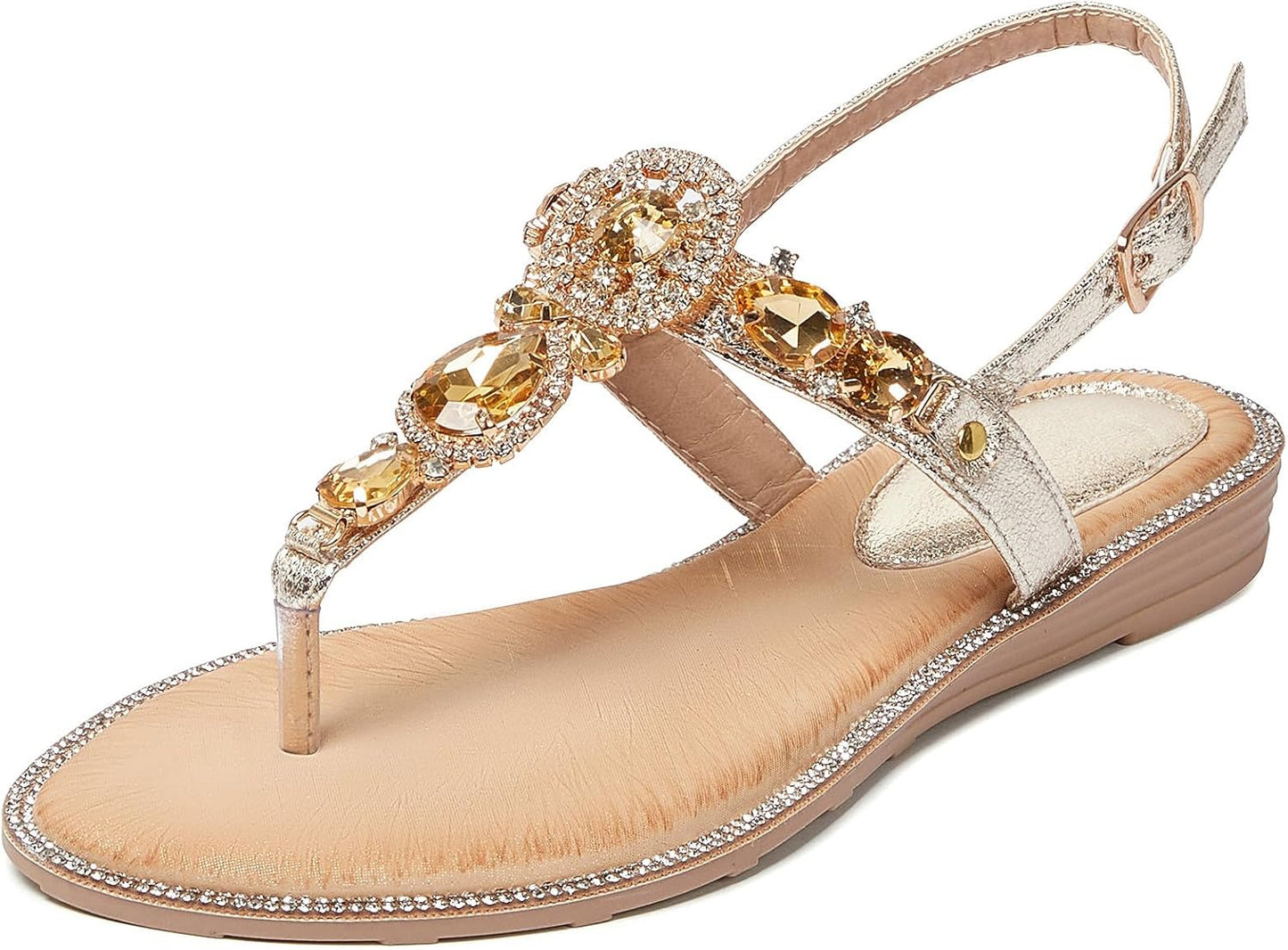 iCKER Women Rhinestone Sandals T-Strap Buckle Bohemian Style