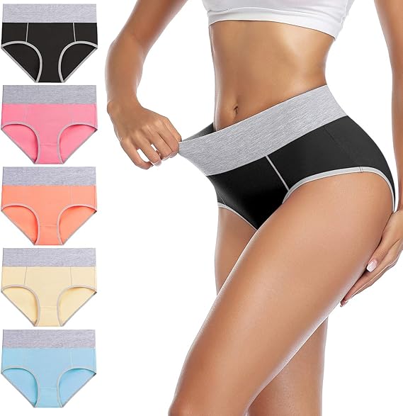 Wirapra Women's Cotton Underwear High Waist Stretch Briefs 5 Pack