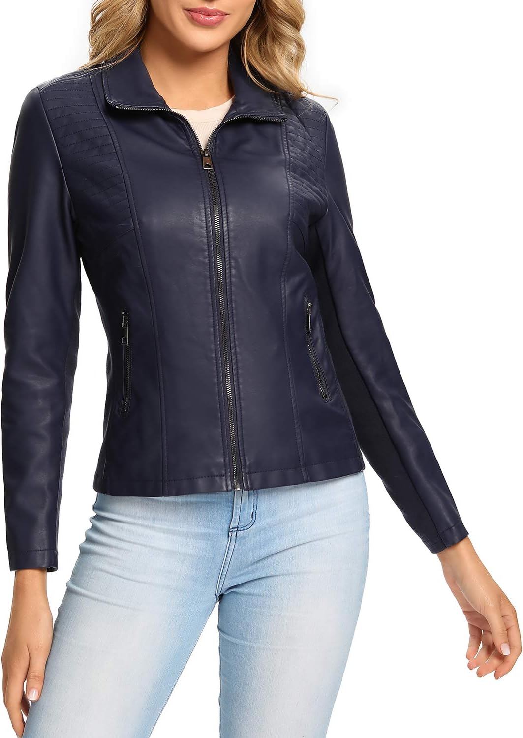 Stylish Plus Size Navy Faux Leather Jacket for Women