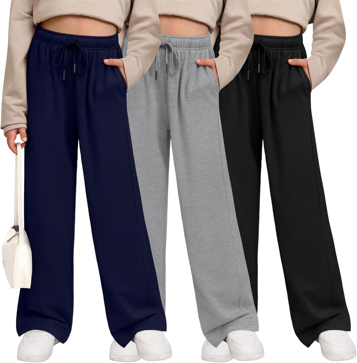 3 Pack Girls' Wide Leg Sweatpants with Pockets for Casual Wear