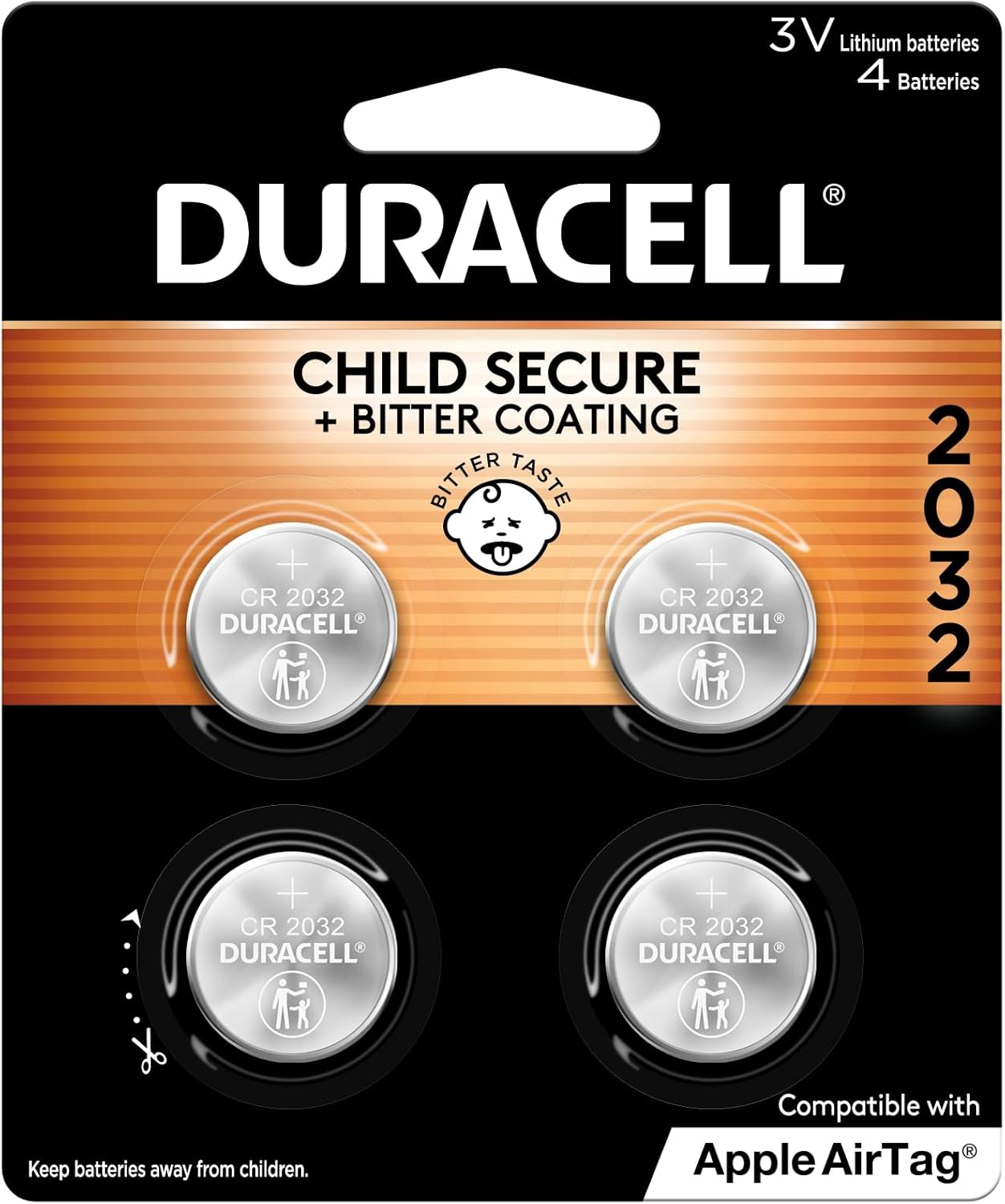 Duracell 2032 Lithium Batteries - Child Safe, 4 Pack, Apple AirTag Compatible!