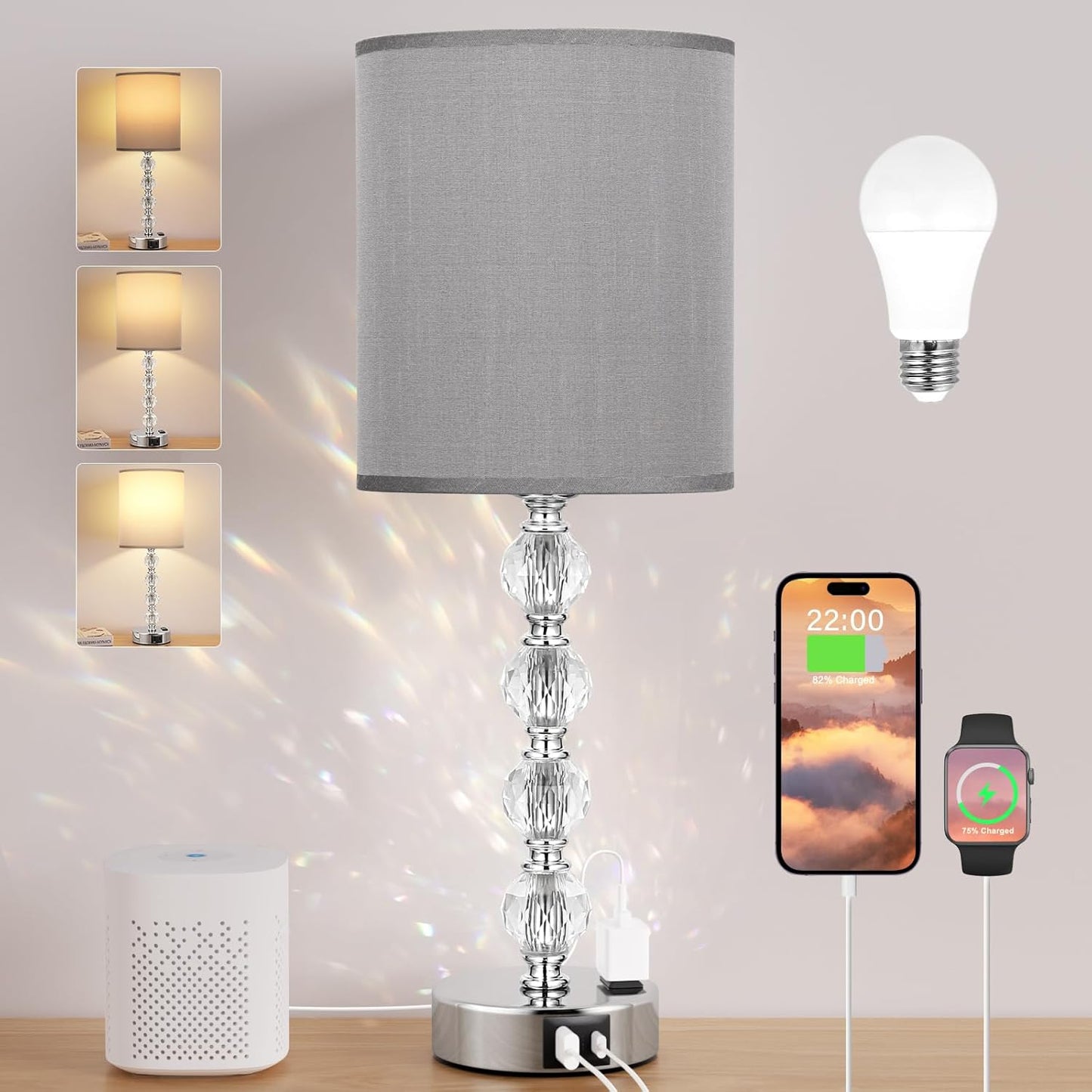 Touch Bedside Crystal Lamps with USB Ports for Any Room