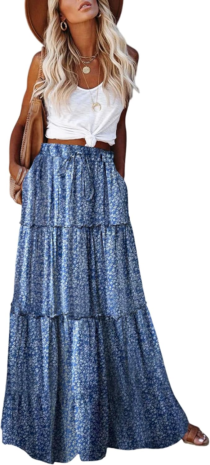 EARKOHA Womens Casual High Waist Tie Maxi Skirt with Pockets