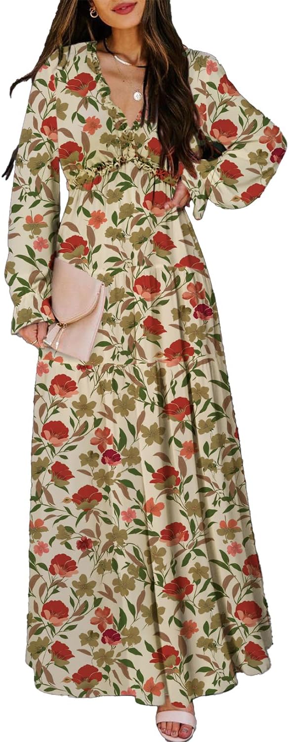 BLENCOT Womens Casual Boho Deep V Neck Short Sleeve Dress