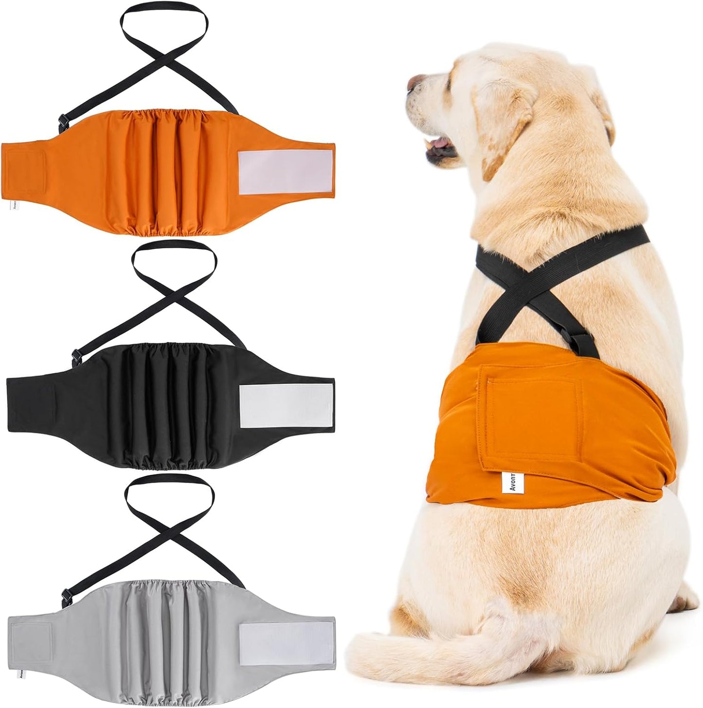 Avont 3 Pack Washable Male Dog Diapers with Suspenders