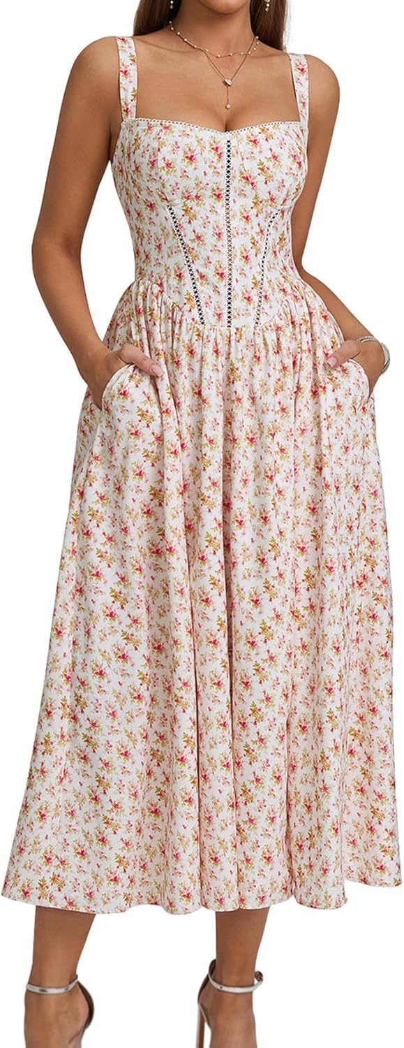 Floral Corset Midi Dress with Pockets for Summer Weddings