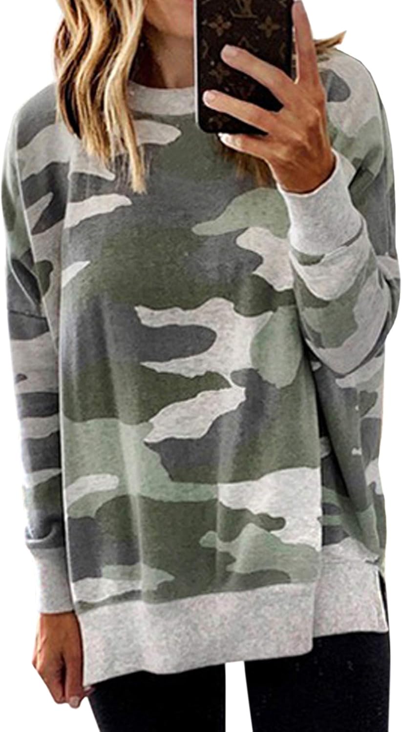 ECOWISH Oversized Camo Sweatshirt: Stylish Side Split for Fall