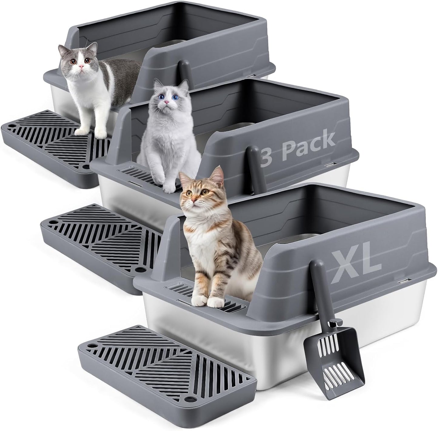 Extra Large Stainless Steel Cat Litter Box with Scoop & Filter