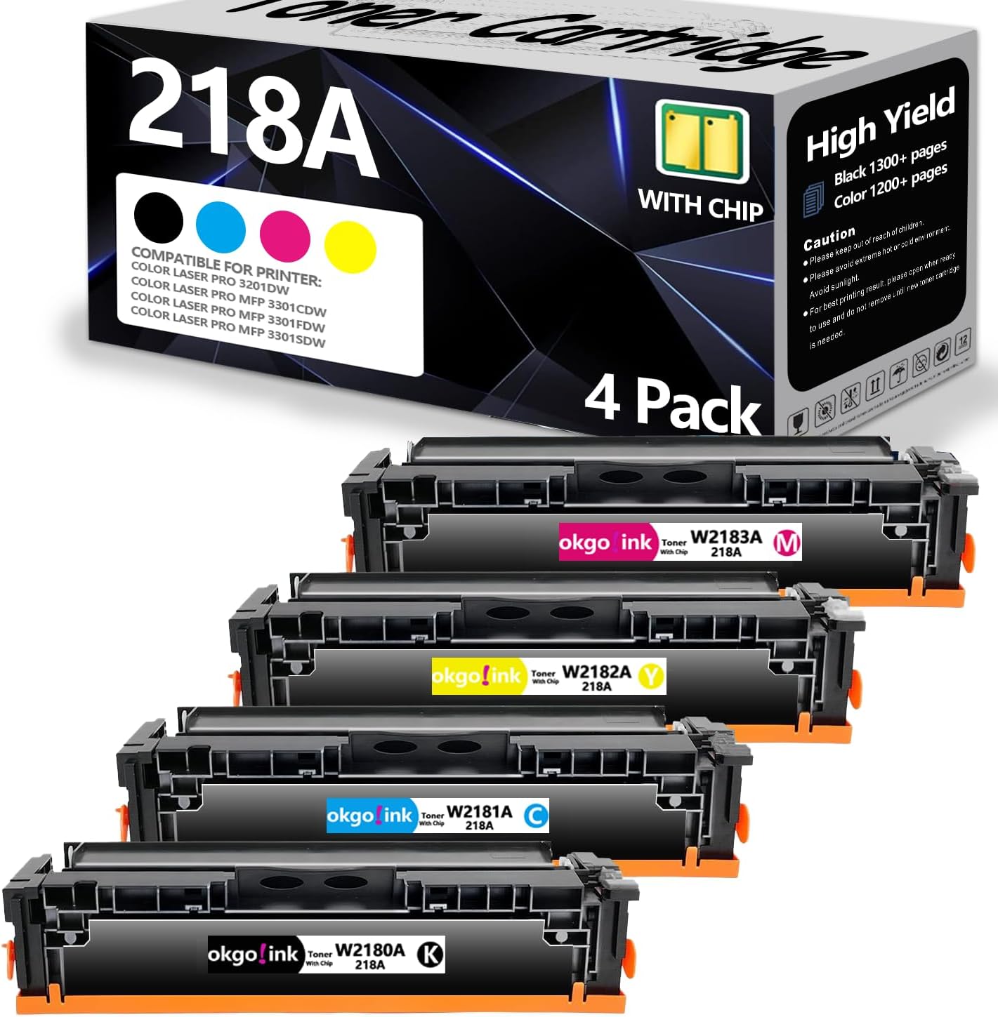 218A Toner Cartridge 4 Pack with Chip for HP Printers