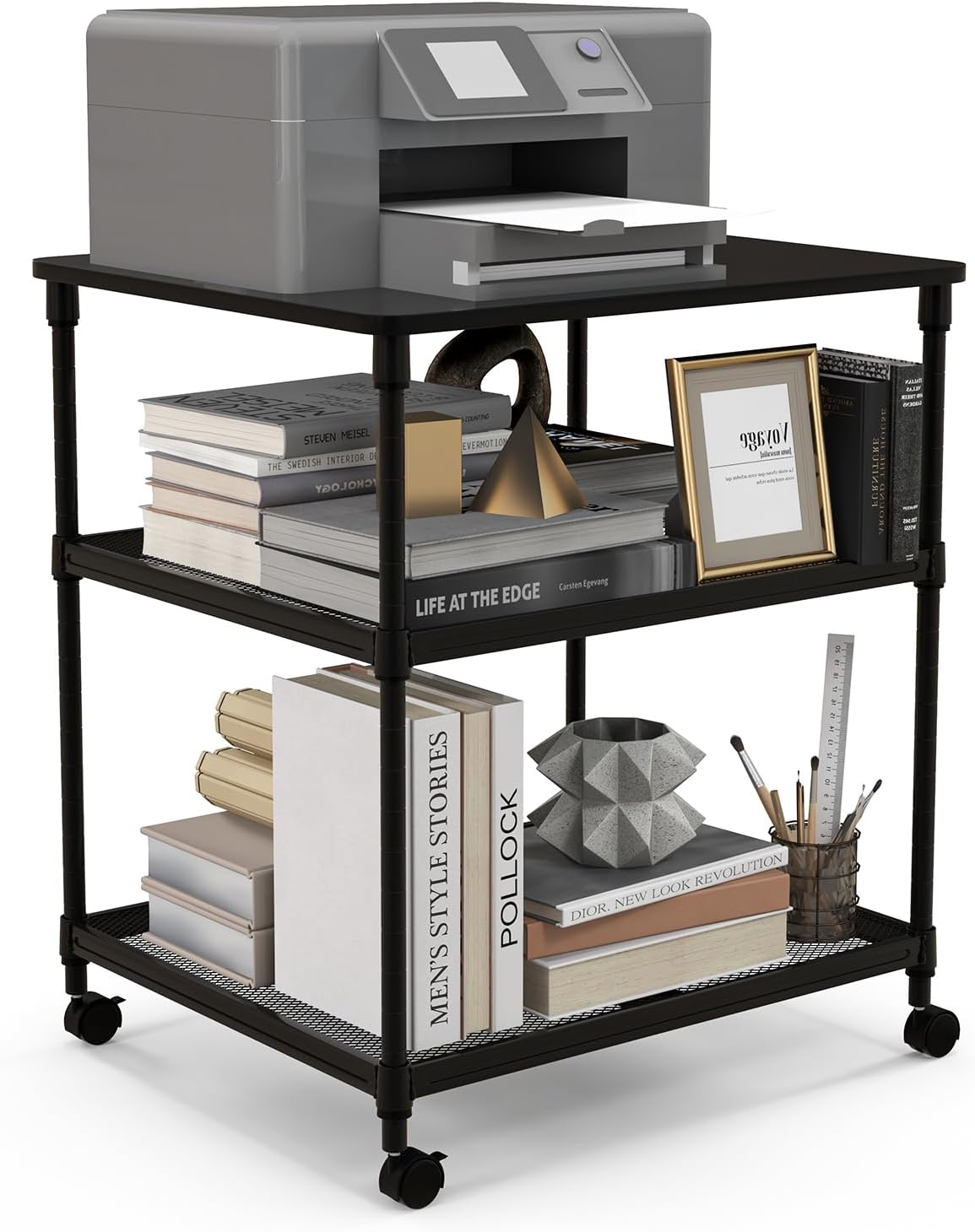 Mobile 3-Tier Printer Cart with Lockable Wheels