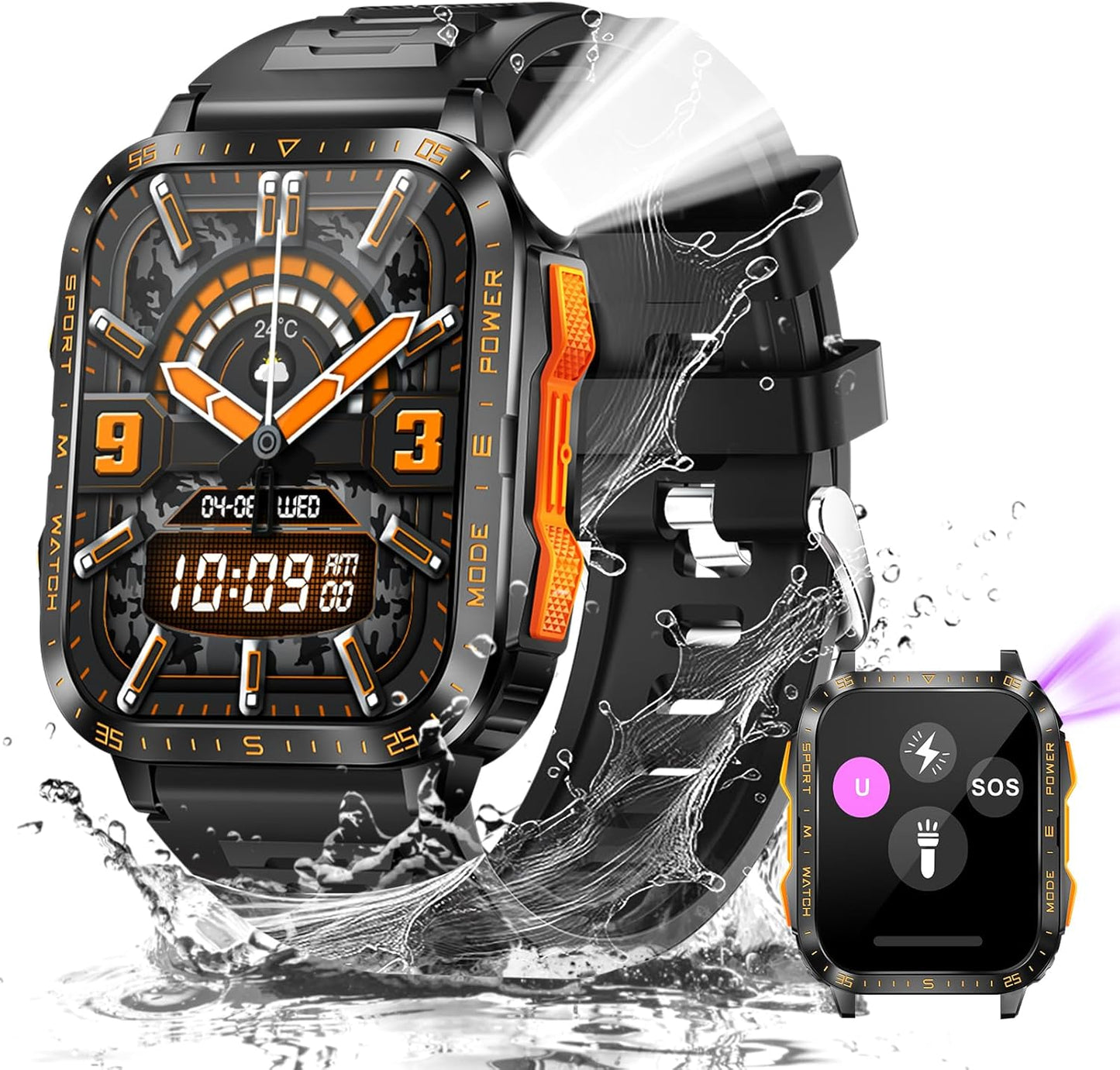 Rugged Military Smartwatch: 3ATM Waterproof, Big Screen, Fitness Tracker