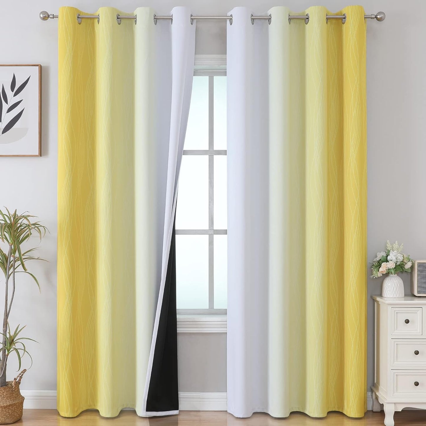 Ombre Yellow and Greyish White Blackout Curtains for Sliding Door