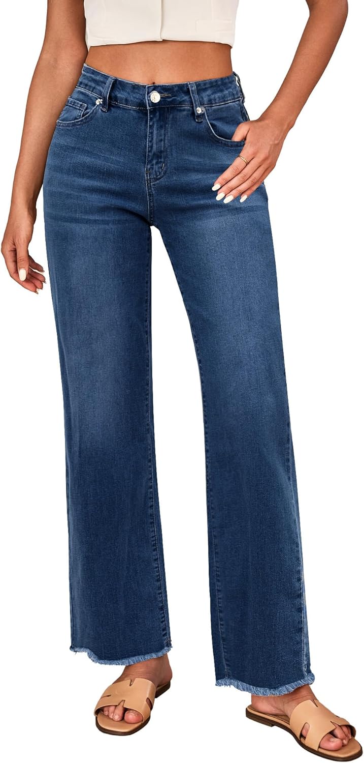 Trendy High Waisted Wide Leg Jeans for Women with Frayed Hem