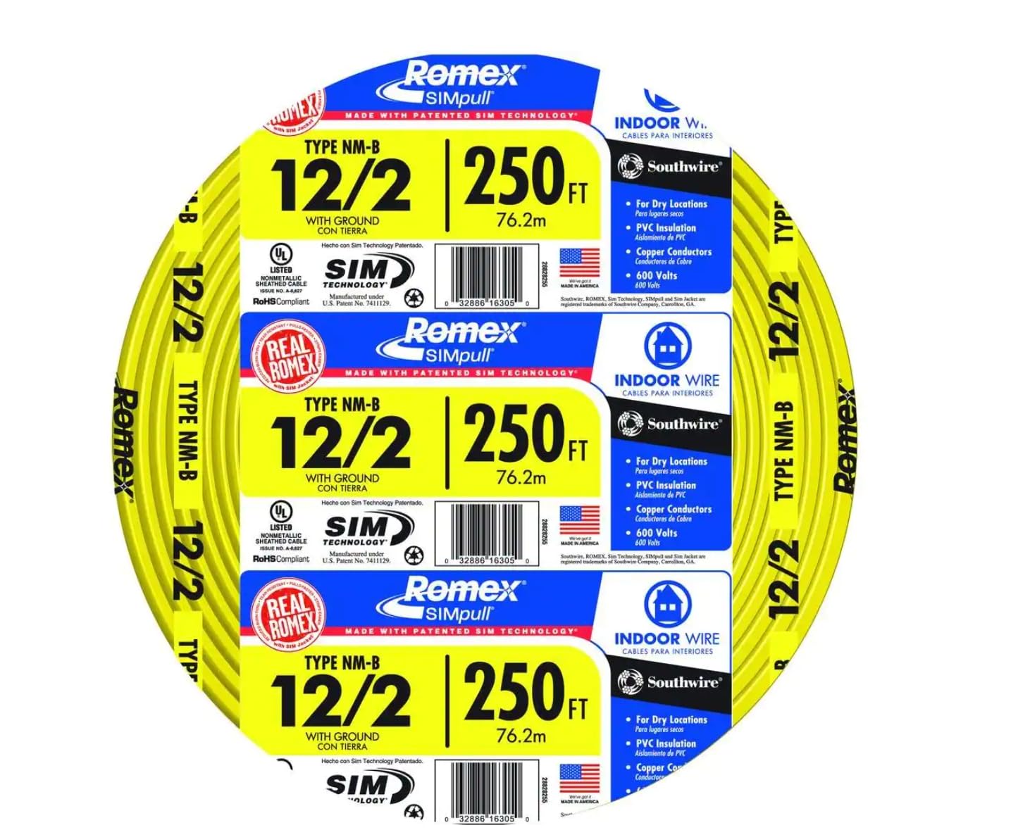 Southwire 250ft 12-2 NM-B Wire for Safe Electrical Installations