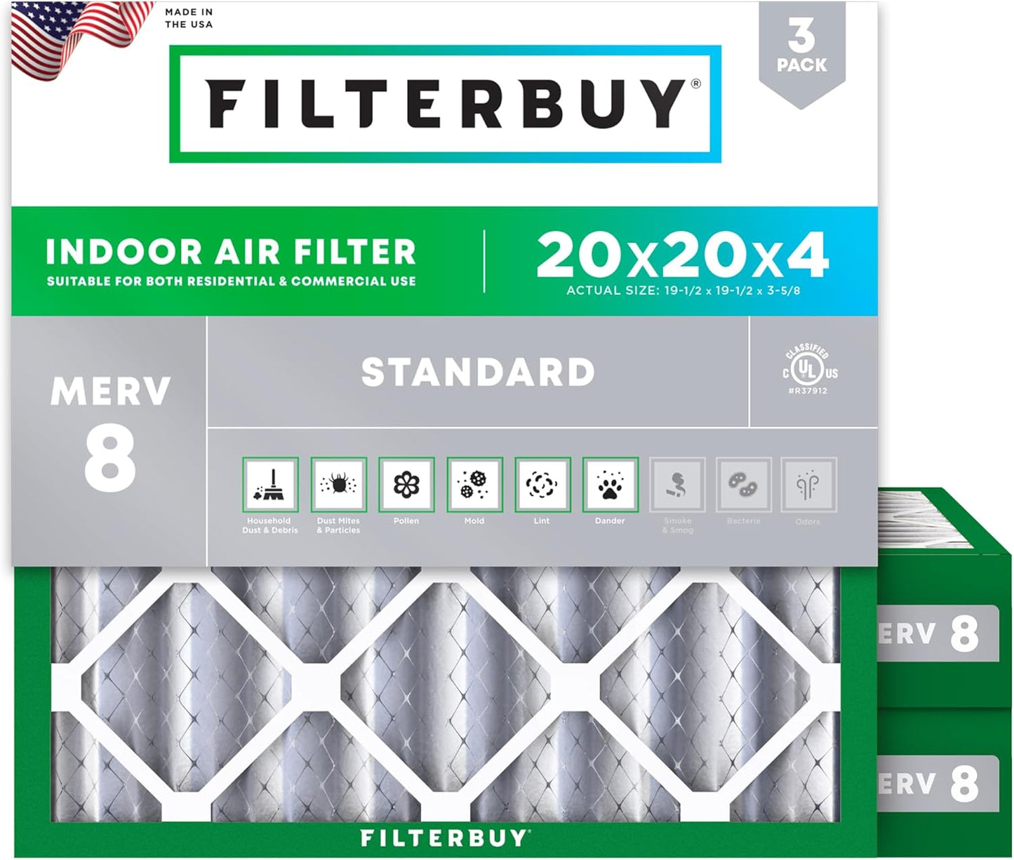 Filterbuy 20x20x4 Air Filter MERV 8 for Dust & Allergy Defense