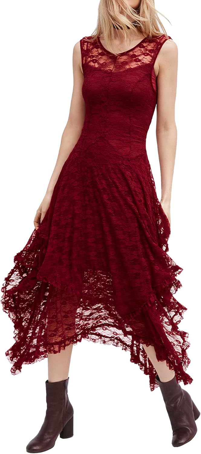 R.Vivimos Womens Sleeveless Backless Asymmetrical Lace Dress