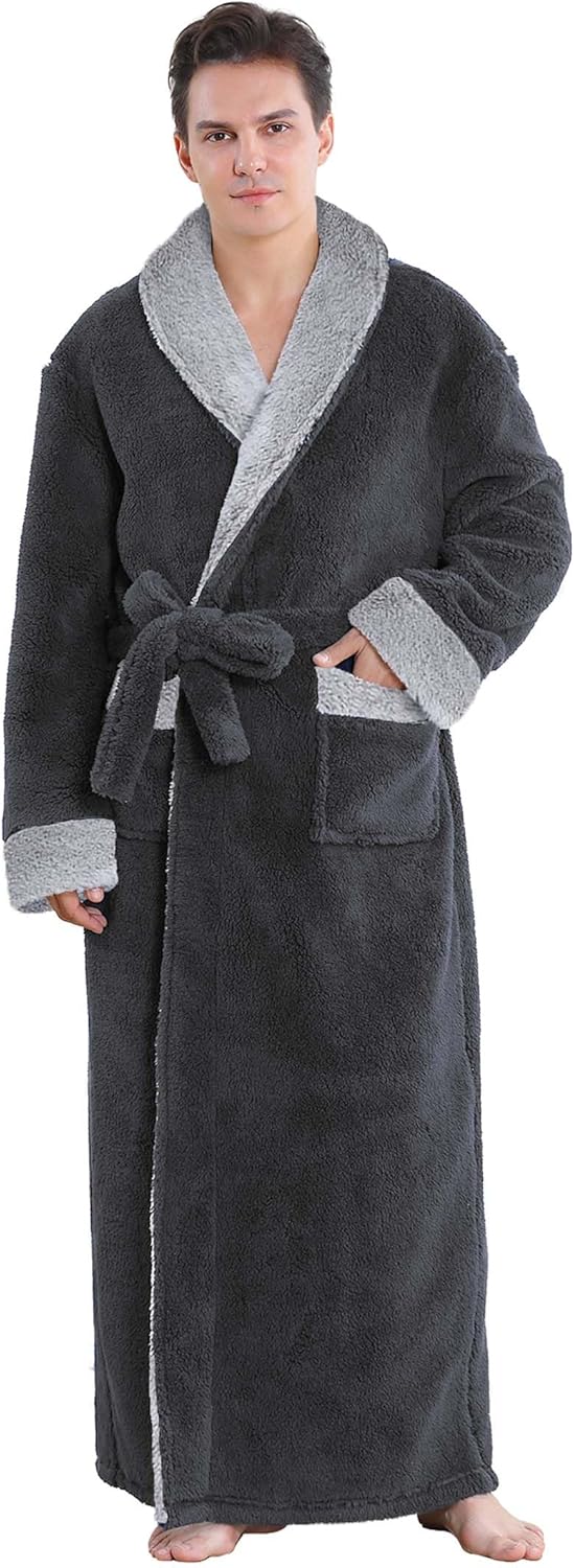 Hellomamma Mens Long Plush Robe: Cozy Fleece Bathrobe for Winter