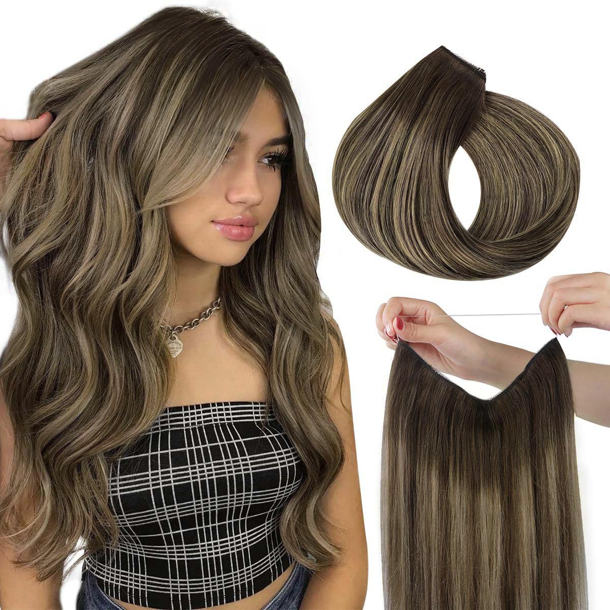 HOTBANANA Wire Hair Extensions 14in Chocolate Brown with Blonde