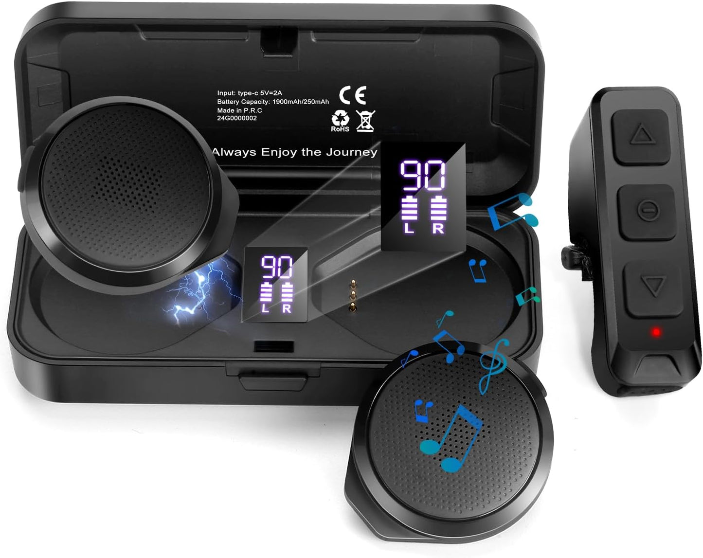 FEYA True Wireless Helmet Speakers - Remote Control, 50H Playtime, LED Display