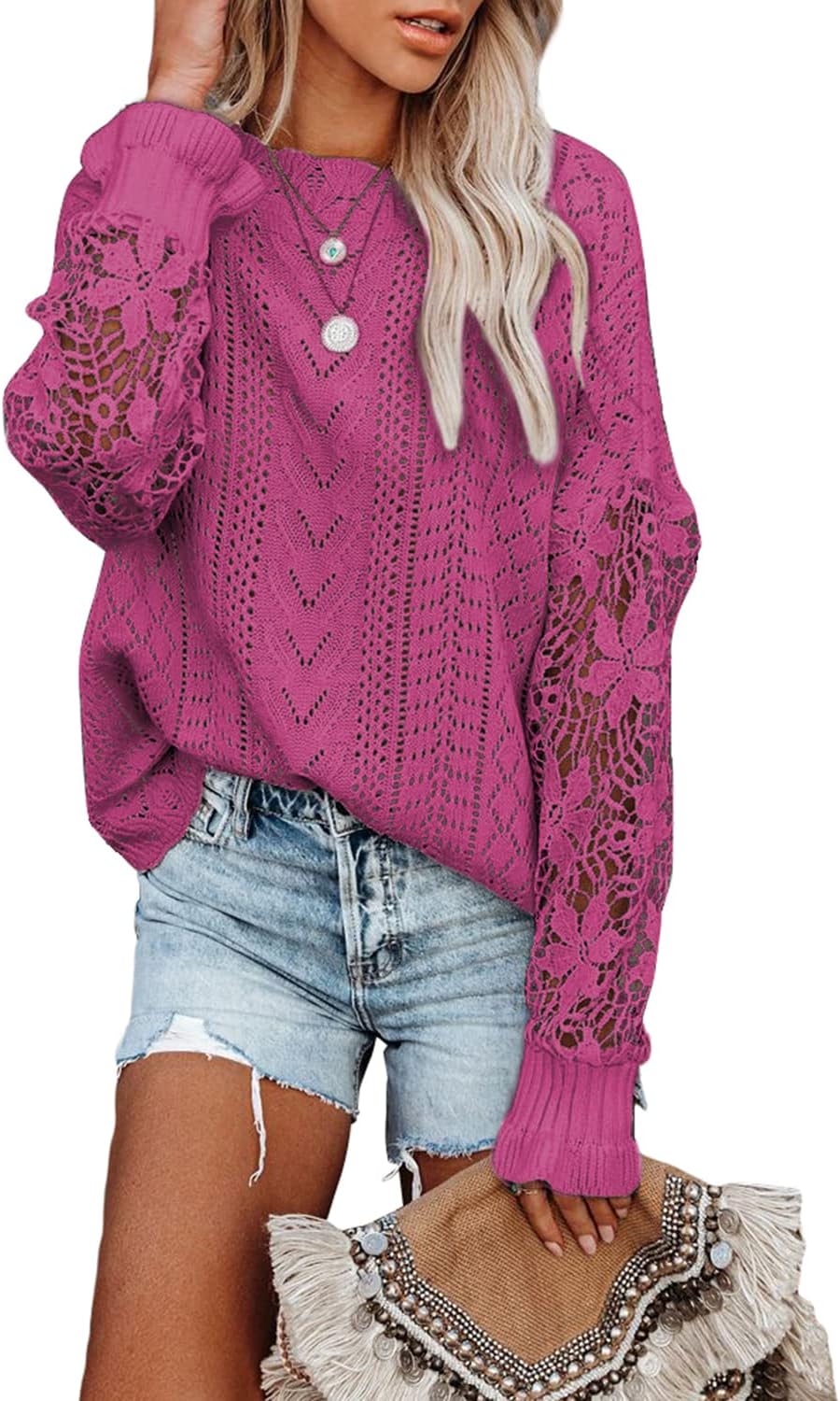 Dokotoo Womens Crochet Lace Long Sleeve Sweater for Style