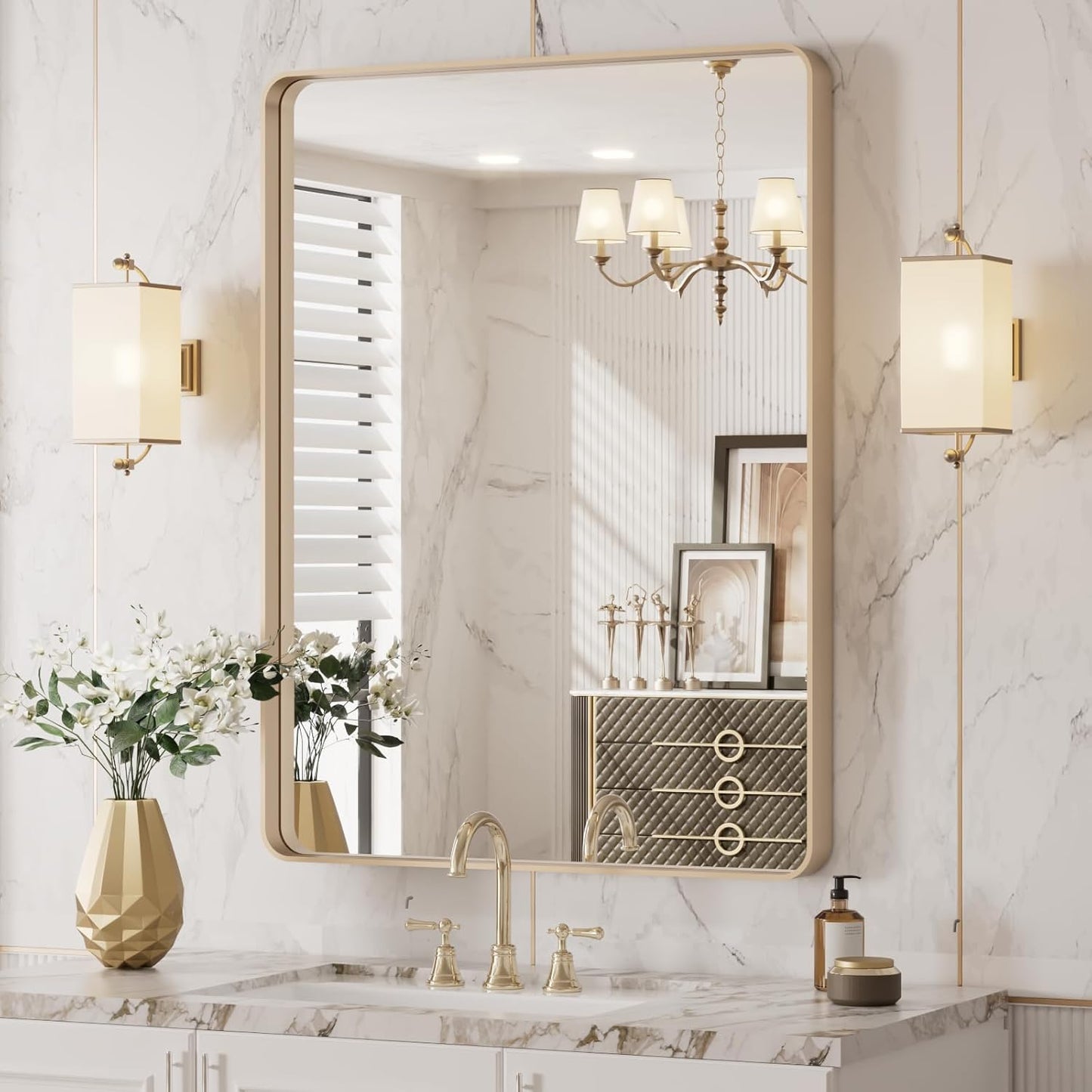 20X30 Gold Bathroom Mirror with Rounded Rectangle Frame Design