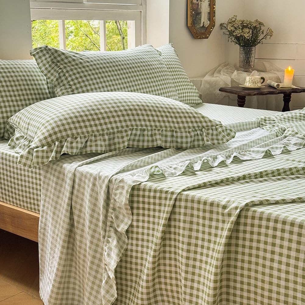 Sage Green Gingham Ruffle Full Sheet Set for Cozy Bedrooms