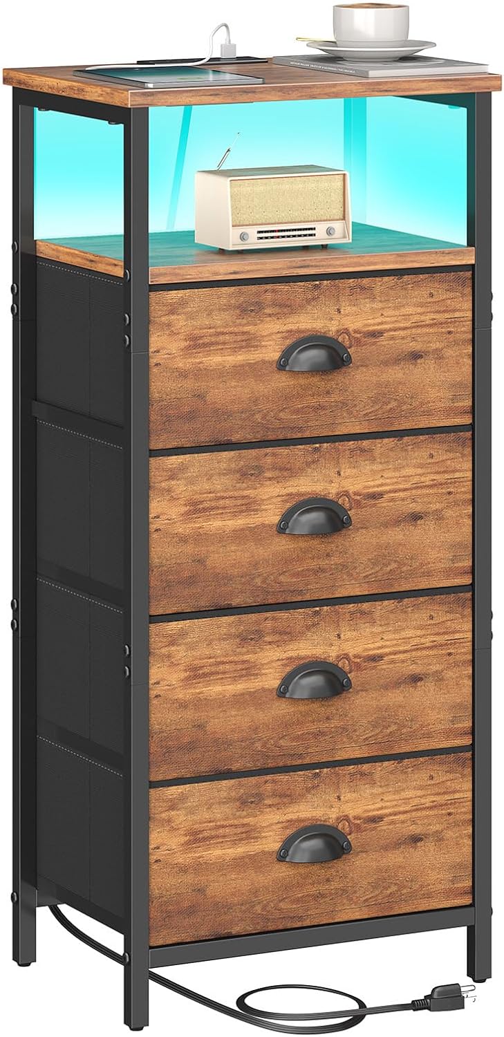 Nightstand with Charging Station and LED Light for Bedroom