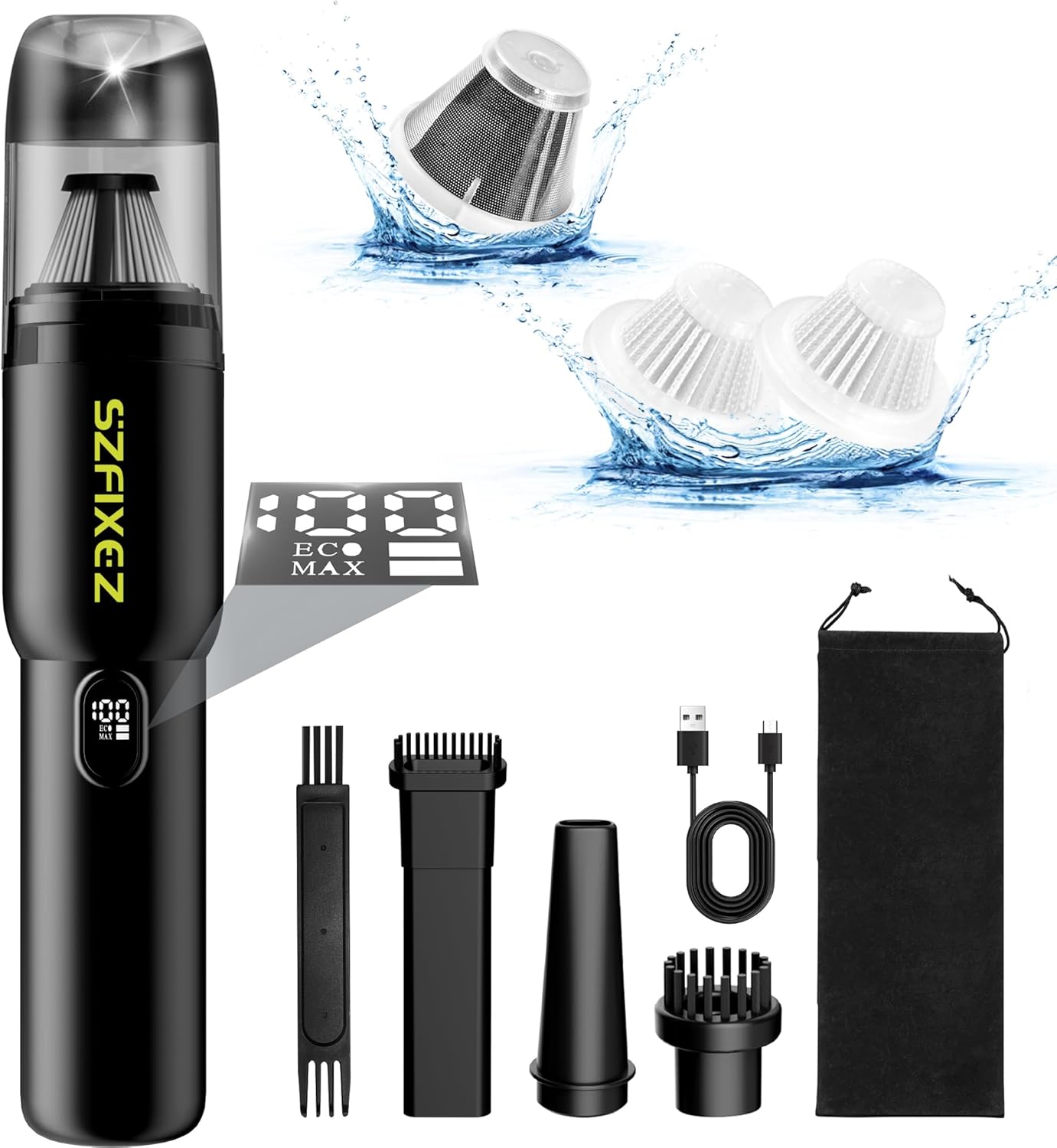 Powerful Cordless Car Vacuum - 20KPA Suction, LED Light, 2-in-1 Inflator - SZFIXEZ