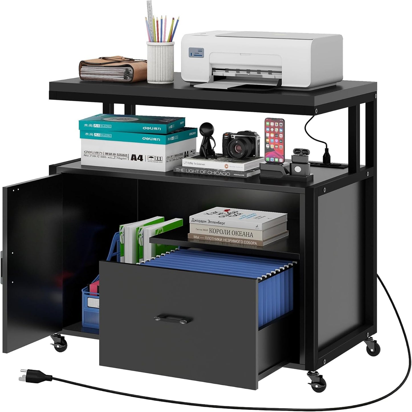 Mobile Printer Stand with File Drawer - Organize & Charge in Style