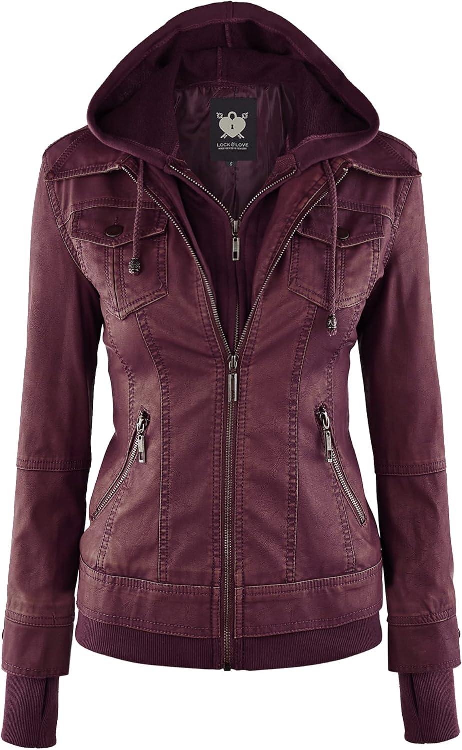 Stylish Faux Leather Moto Biker Jacket with Removable Hood